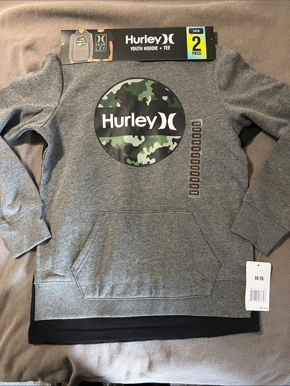 NWT Hurley 2pc Set Grey Hoodie with Graphic and Black Graphic T-Shirt Sz 14/16